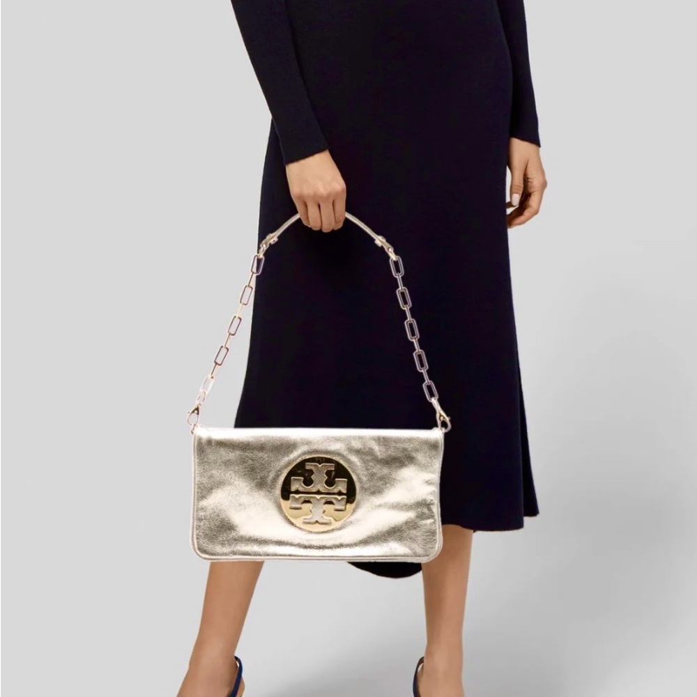 Tory Burch Gold Metallic Shoulder Bag with Logo